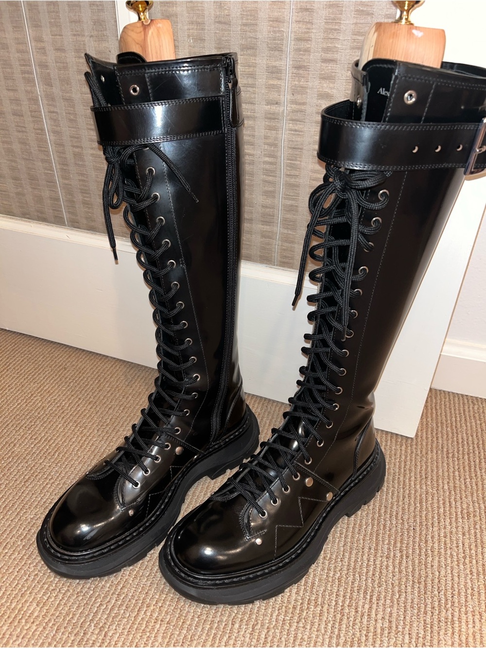 Alexander McQueen Black Knee-High Lace-Up Combat Boots with Buckle